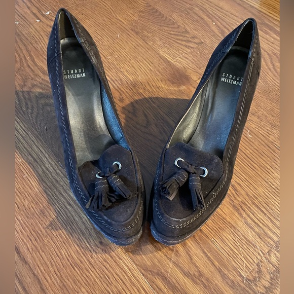 VINTAGE STUART WEITZMAN Lovely Brown Suede Tassel Square Toe Wedge Loafers 8.5M. - Picture 8 of 11
